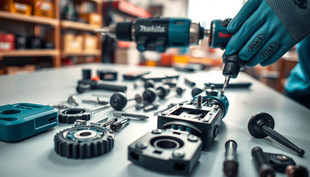 A well-lit, close-up view of a Makita power screwdriver undergoing maintenance. In the foreground, the disassembled screwdriver components are neatly arranged on a clean, cluttered-free workbench, showcasing the tool's inner mechanisms. The middle ground features a worker's hands, wearing protective gloves, carefully inspecting and cleaning each part. The background is a softly blurred workshop setting, with shelves of Makita tools and equipment visible, conveying a sense of professionalism and attention to detail. The overall scene radiates a mood of technical precision and care, reflecting the importance of proper maintenance for ensuring the Makita screwdriver's longevity and performance.
