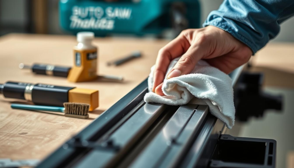 A well-lit, close-up view of a Makita track saw guide rail, showcasing the intricate maintenance process. The foreground features a skilled hand gently wiping the rail's surface with a clean cloth, revealing its pristine condition. The middle ground displays the various tools required for guide rail upkeep, such as a small brush and a lubricating oil. The background subtly blurs, allowing the viewer to focus on the meticulous care being taken to preserve the guide rail's functionality. The lighting is soft and diffused, creating a sense of precision and attention to detail. The overall mood is one of professionalism and dedication to maintaining the optimal performance of the Makita track saw system.