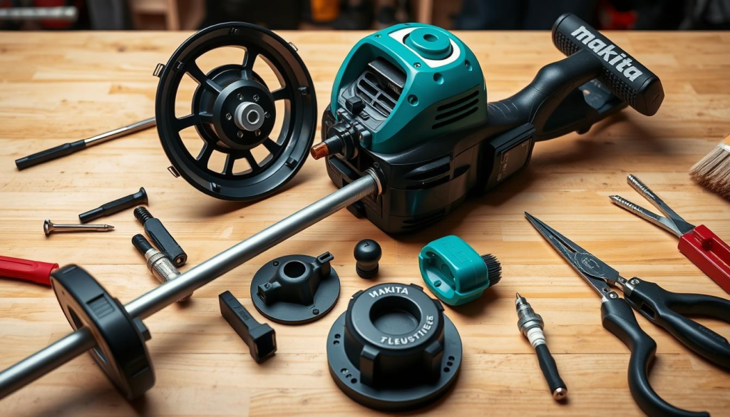 A well-lit, close-up view of a Makita weed eater with all its components laid out on a clean, wooden workbench. The weed eater is disassembled, revealing its inner workings and parts, such as the spool, trimmer line, air filter, and spark plug. The image has a focus on the maintenance process, with various tools like screwdrivers, pliers, and a brush positioned around the weed eater, suggesting a DIY repair or servicing session. The lighting is soft and even, highlighting the details of the machine and creating a sense of focus and clarity. The overall atmosphere is one of precision, organization, and the practical care required to keep a Makita weed eater in optimal condition.