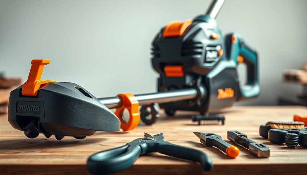 A well-lit, close-up view of a Makita weed trimmer, its parts disassembled neatly on a clean, wooden workbench. The trimmer's body and attachments are rendered in vivid detail, showcasing its sturdy construction and precision engineering. Soft, natural lighting illuminates the scene, highlighting the tool's matte-black and safety-orange color scheme. In the foreground, a set of maintenance tools - screwdrivers, pliers, and a brush - are arranged alongside the disassembled components, conveying a sense of care and diligence. The background is blurred, placing the focus squarely on the Makita trimmer and the act of maintenance, emphasizing its importance for ensuring long-lasting, reliable performance.