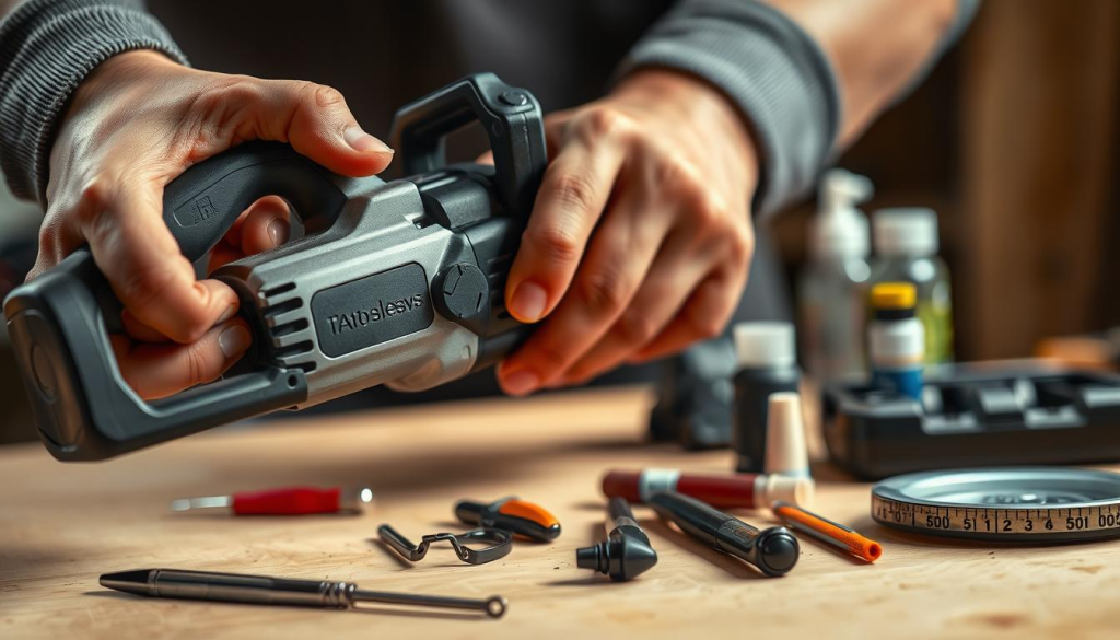 A well-lit, close-up view of a compact, cordless electric hand saw being carefully maintained. The saw's body is held in the foreground, with the user's hands in focus as they delicately inspect the blade and housing for any signs of wear or damage. The middle ground shows an array of small tools and cleaning supplies neatly arranged, reflecting the meticulous care required to keep the saw in peak operating condition. The background softly blurs, emphasizing the importance of this maintenance task. The overall scene conveys a sense of precision, dedication, and the thoughtful preservation of a powerful, portable cutting tool.