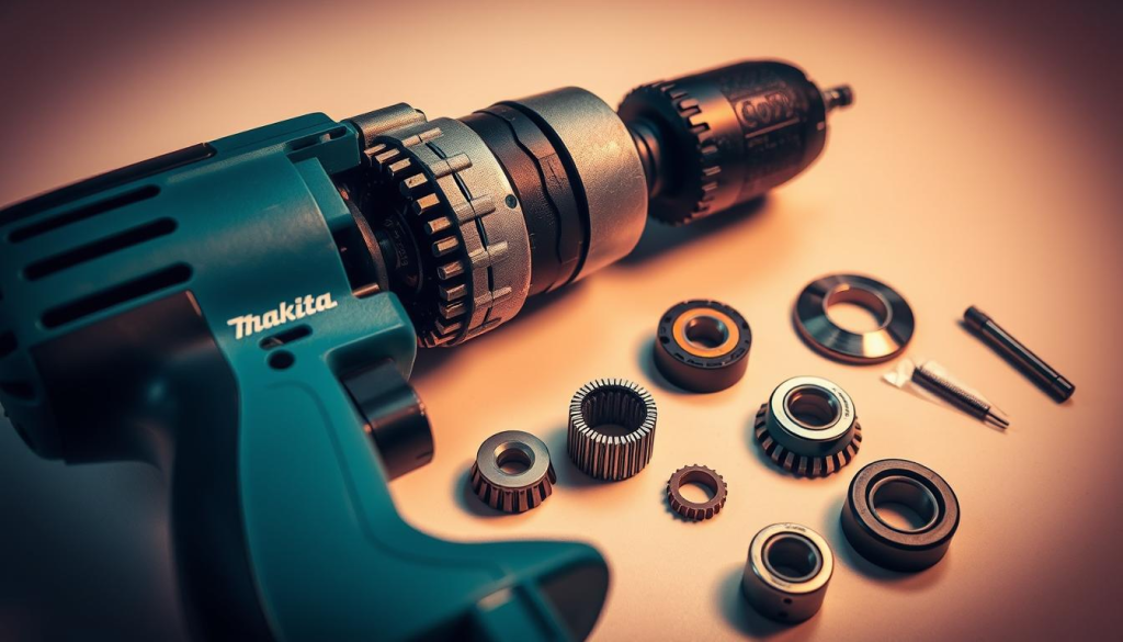 A well-lit, close-up view of a disassembled Makita right-angle drill, showcasing its inner workings and key maintenance components. The foreground features the drill motor, gear housing, and the chuck, all in a state of careful inspection. The middle ground displays the disassembled parts, including the brushes, bearings, and lubrication points, laid out neatly. The background is a clean, neutral workspace, providing a sense of order and attention to detail. Warm, directional lighting highlights the metallic textures and the precision engineering of the drill, conveying the importance of proper maintenance for optimal performance and longevity.