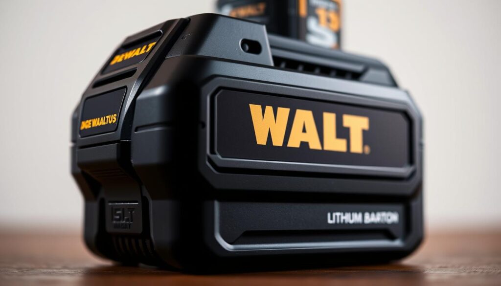 A well-lit, close-up view of a high-capacity DEWALT 5.0Ah lithium-ion battery pack. The battery showcases its sleek, durable black casing with the iconic DEWALT logo prominently displayed. The foreground highlights the battery's robust construction and sturdy terminals, conveying its power and reliability. The middle ground features a clean, minimalist background, allowing the battery to take center stage. Subtle warm lighting illuminates the battery, creating a sense of quality and technical precision. The overall mood is one of professional-grade performance and dependability, befitting the DEWALT brand and the benefits of this high-capacity battery solution.