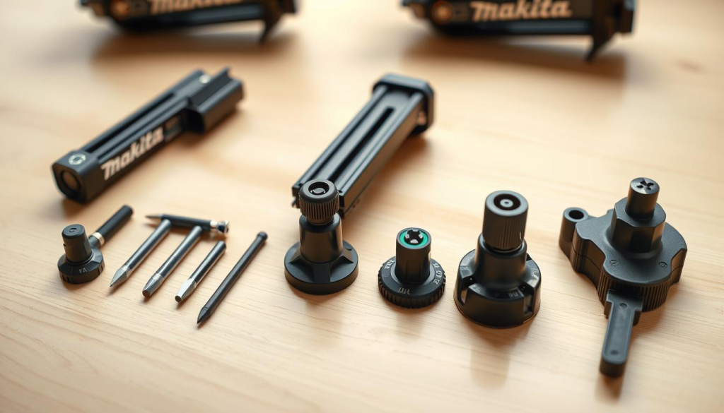 A well-lit, close-up view of a range of Makita nail gun accessories neatly arranged on a sleek, minimalist wooden surface. The accessories include extended magazines, angled nail tips, depth adjustment knobs, and other specialized attachments, showcasing the versatility and precision engineering of the Makita nail gun system. The image has a crisp, high-quality focus, with a soft, warm lighting that accentuates the premium construction and attention to detail of the accessories. The overall mood is one of professional-grade power tools, ready to elevate any woodworking or construction project.