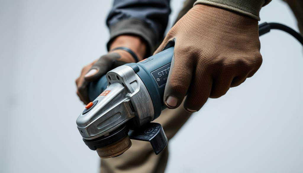 A well-lit, close-up view of a worker's hands operating a corded angle grinder with a sturdy, textured grip. The grinder is held in a firm, controlled manner, with the worker's fingers positioned safely away from the spinning grinding disc. The grinder's power cord is neatly routed and secured, minimizing tripping hazards. The background is a clean, neutral environment, emphasizing the safety-focused nature of the scene. The overall composition conveys a sense of caution, precision, and responsible power tool usage.