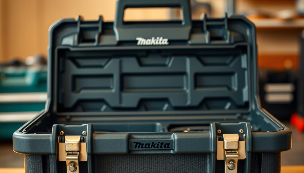 A well-lit, closeup photograph of a sturdy Makita tool box, showcasing its durable construction and thoughtful design. The foreground features the tool box's hard plastic shell, its metal latches, and its prominent Makita logo. The middle ground reveals the tool box's spacious interior, with neatly organized compartments and trays for storing a variety of tools. The background is softly blurred, creating a sense of focus on the tool box's high-quality craftsmanship. The lighting is warm and natural, highlighting the tool box's sleek, professional appearance. The overall mood is one of reliability, functionality, and attention to detail - key attributes that a consumer would seek in a Makita tool storage solution.
