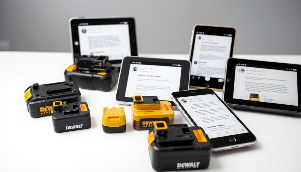 A well-lit closeup shot of a collection of DEWALT battery replacement reviews, showcased on various electronic devices like tablets and smartphones. The foreground features a selection of battery packs in different capacities, arranged neatly against a white background. The middle ground displays several user-generated reviews, with star ratings and brief testimonials visible on the device screens. The background hints at a clean, minimalist office setting, with a subtle grey gradient providing a professional, uncluttered ambiance. The overall composition conveys a sense of trust, reliability, and customer satisfaction regarding DEWALT battery replacements.