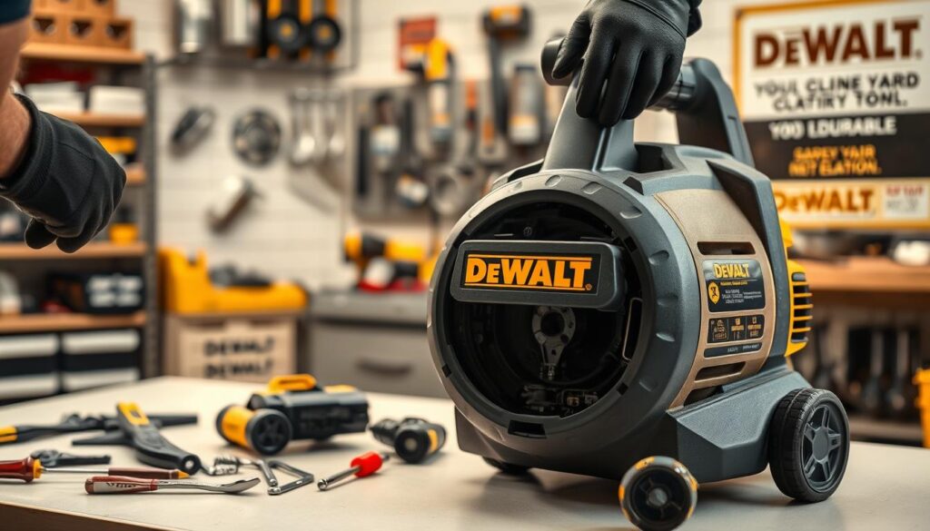 A well-lit, closeup view of a DeWalt yard vacuum undergoing routine maintenance. In the foreground, a technician's gloved hands disassembling the vacuum's front housing, exposing the internal components. The middle ground features an array of DeWalt tools, including a screwdriver, wrench, and brush, arranged neatly on a clean workbench. The background depicts a tidy workshop environment, with shelves of spare parts and a poster highlighting DeWalt's commitment to durability. The lighting is soft and warm, creating a sense of focus and attention to detail, reflecting the careful process of maintaining this powerful yard cleanup tool.