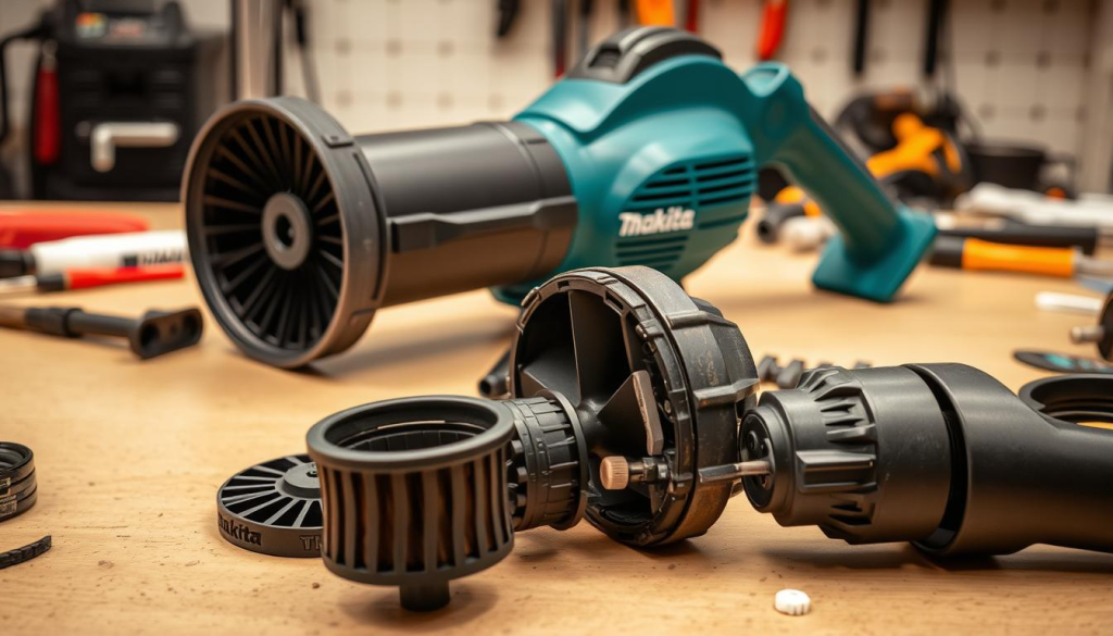 A well-lit, closeup view of a Makita leaf blower undergoing routine maintenance. The foreground shows the blower's inner mechanisms, with the air filter, fan, and other components disassembled and laid out neatly. The middle ground features the blower's body, showcasing its sleek, ergonomic design and sturdy construction. In the background, a clean, tidy workbench provides the setting, with scattered tools and supplies hinting at the care and attention required to keep the leaf blower running at peak performance. The lighting is soft and even, accentuating the details and textures of the components. The overall mood is one of precision, professionalism, and pride in proper tool maintenance.
