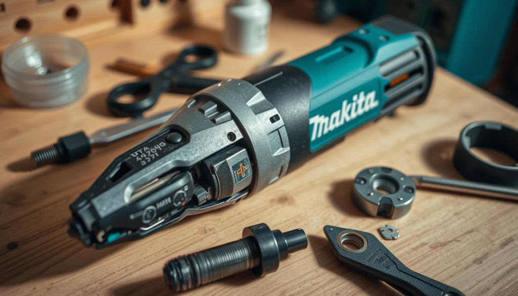 A well-lit closeup view of a Makita multi-tool being carefully maintained. The tool is resting on a clean, wooden workbench, with various maintenance tools and supplies arranged neatly around it. Soft, directional lighting casts subtle shadows, emphasizing the tool's textured surface and intricate components. The scene conveys a sense of precision and care, reflecting the importance of proper maintenance for ensuring the longevity and optimal performance of this versatile power tool.