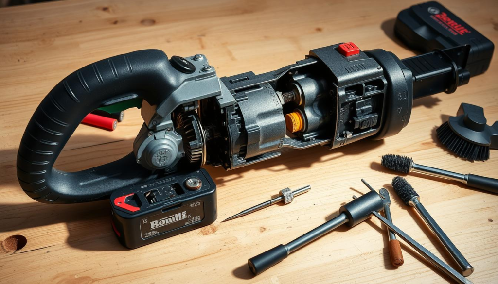 A well-lit, closeup view of a cordless reciprocating saw disassembled on a clean, wooden workbench. The saw's internal components are neatly arranged, highlighting the saw blade, motor, and gear mechanisms. Soft shadows cast by the components create depth and texture. The saw's outer casing is removed, revealing its intricate inner workings. A set of maintenance tools, such as screwdrivers and brushes, are displayed alongside the saw, suggesting a thorough service and inspection. The overall scene conveys a sense of precision, care, and technical expertise in maintaining this powerful cordless power tool.