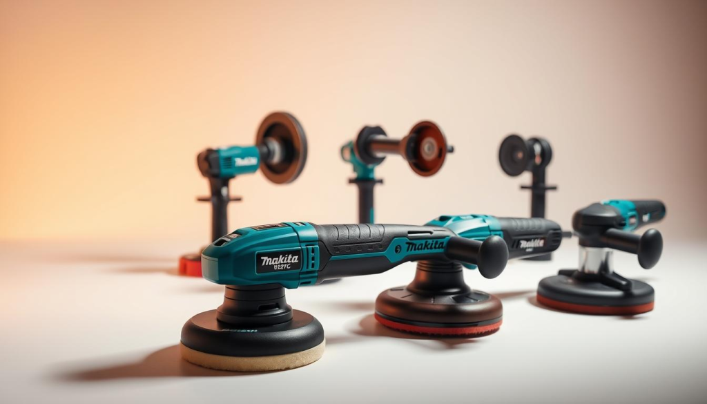 A well-lit comparison of Makita polishers, showcasing their distinct designs and features. In the foreground, the Makita 9227C polisher stands prominently, its sleek body and ergonomic grip inviting closer inspection. In the middle ground, other Makita models are displayed, each with unique attachments and accessories, highlighting their versatility. The background features a clean, minimalist setting, allowing the polishers to take center stage. Warm, directional lighting casts subtle shadows, accentuating the polishers' contours and textures. The overall composition conveys a sense of precision, professionalism, and the attention to detail that Makita is known for.