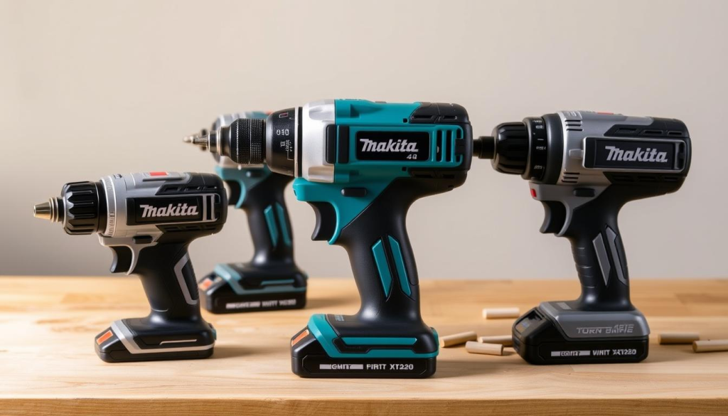 A well-lit comparison of three impact drivers on a wooden workbench. The Makita XDT20 takes center stage, its compact design and vibrant teal color contrasting with the larger, more industrial-looking alternatives on either side. Carefully arranged to showcase their distinct features and dimensions, the drivers are bathed in soft, diffused light that accentuates their textures and materials. The background is a clean, neutral space, allowing the tools to be the focal point and highlighting their differences in size, weight, and overall aesthetic. The resulting image provides a clear, informative visual to support the article's section on impact driver comparisons.