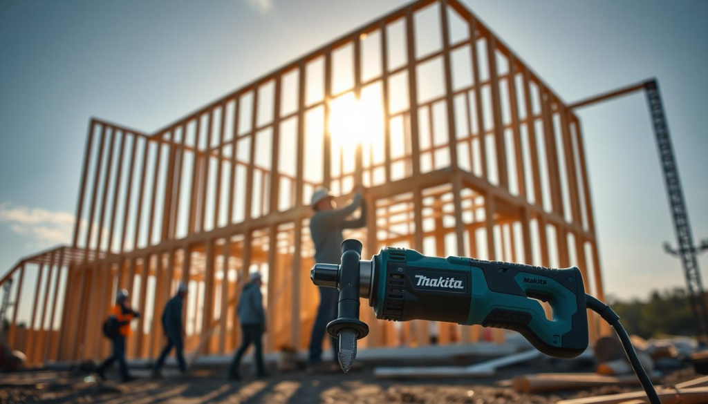 A well-lit construction site, with Makita power tools prominently displayed in the foreground. A mid-ground of workers using the tools to build a sturdy wooden frame, their movements captured in dynamic poses. The background showcases the towering skeletal structure of a half-finished building, bathed in the warm glow of the afternoon sun. The scene conveys a sense of productivity, efficiency, and the reliable performance of Makita tools as essential components in the construction process.