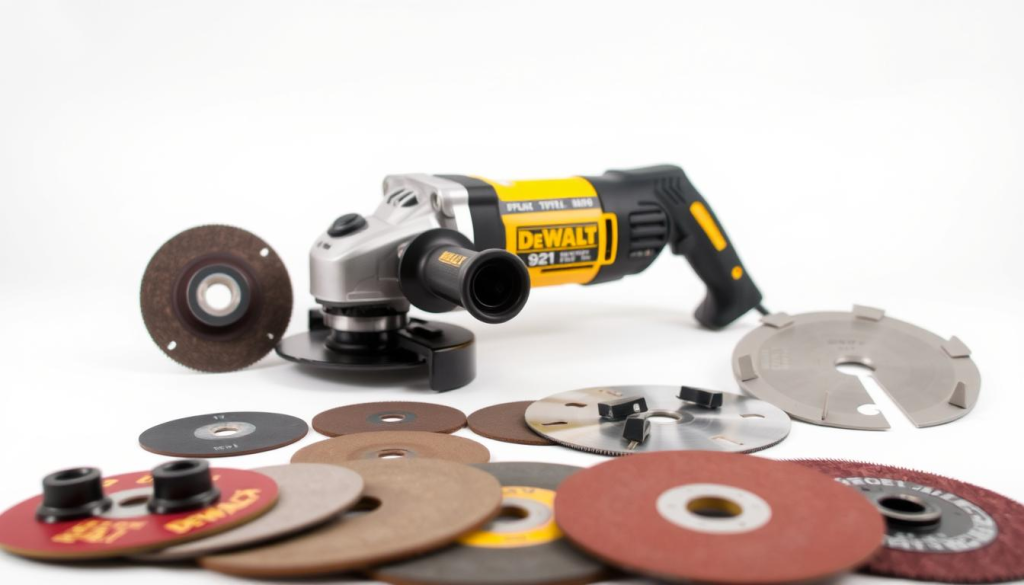 A well-lit, detailed arrangement of DEWALT 921 angle grinder accessories displayed on a clean white background. In the foreground, various attachments and accessories including grinding discs, flap discs, and a metal cutting blade are neatly organized. The middle ground showcases the DEWALT 921 angle grinder itself, captured at a slight angle to highlight its rugged design and ergonomic features. The background has a soft, even lighting that creates a professional, product-focused atmosphere, allowing the tools to be the central focus of the image.