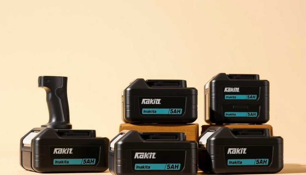 A well-lit, detailed close-up image of an assortment of Makita 5Ah lithium-ion batteries against a clean, neutral background. The batteries are prominently displayed, showcasing their sleek, black design and sturdy construction. Subtle shadows provide depth and dimension, while the lighting accentuates the batteries' metallic accents. The image conveys a sense of power, reliability, and professionalism, capturing the essence of Makita's high-performance battery technology.