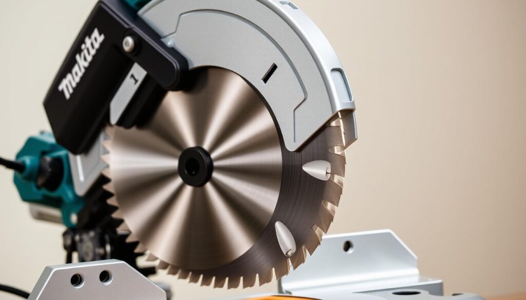 A well-lit, detailed close-up of the Makita LS1219L 12-inch miter saw, showcasing its inner mechanisms and maintenance components. The foreground prominently displays the saw's blade guard, blade, and adjustment dials, all in sharp focus. In the middle ground, the saw's motor housing and air vents are visible, while the background subtly fades into a neutral, clean environment, emphasizing the saw's technical aspects. The lighting is soft and directional, accentuating the saw's metallic surfaces and highlighting the precision engineering. The overall mood is one of technical professionalism, inviting the viewer to carefully inspect the saw's maintenance and care requirements.