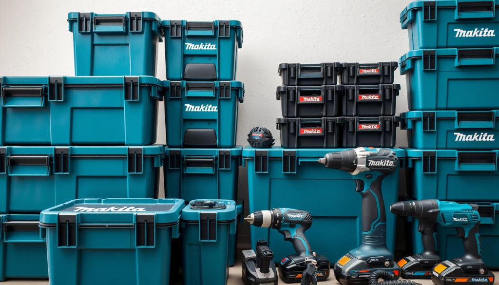 A well-lit, detailed close-up photograph of various Makita MAKPAC storage containers stacked and arranged in a harmonious layout, showcasing their compatibility and integration with other Makita power tools and accessories. The containers are shown in their signature blue color, with a focus on their sturdy construction, sleek design, and interlocking mechanisms. The image should convey a sense of organization, efficiency, and the seamless integration of Makita's product ecosystem, reflecting the synergy between MAKPAC and other Makita offerings.