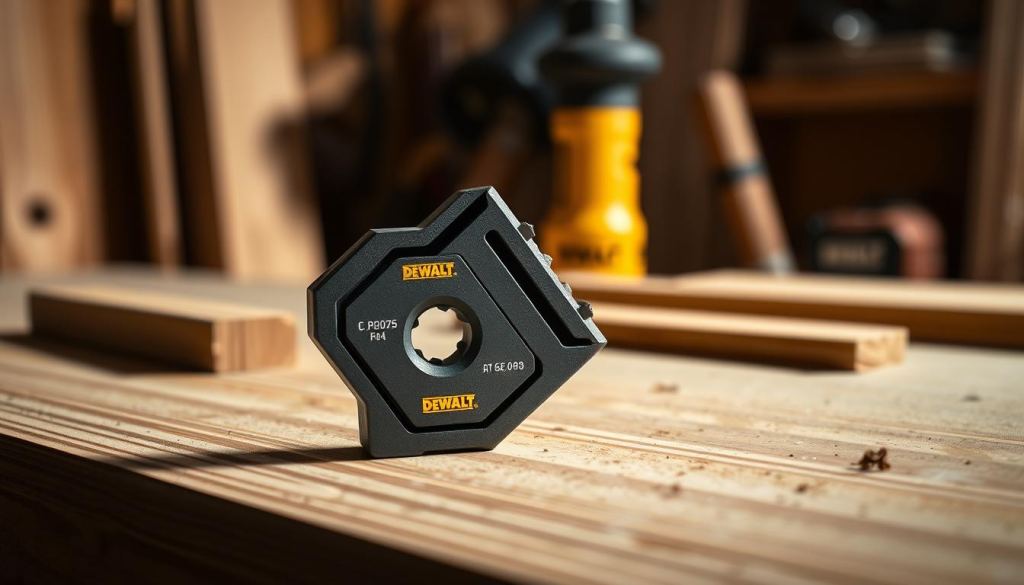 A well-lit, detailed close-up shot of a DEWALT zero clearance insert, showcasing its smooth, precision-engineered edges and the clean, splinter-free cuts it produces. The insert is positioned prominently in the foreground, casting subtle shadows that highlight its sleek, durable construction. The background is blurred, but hints at a woodworking workshop environment, with tools and materials subtly visible, conveying a sense of the insert's real-world benefits for the user. The image radiates a professional, authoritative tone, reflecting the exceptional quality and performance of the DEWALT zero clearance insert.