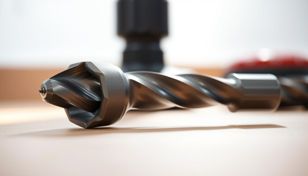 A well-lit, detailed close-up shot of a Dewalt 012A drill bit on a clean, neutral-colored surface. The bit is prominently featured, with a crisp, high-resolution rendering that showcases its intricate construction and sharp cutting edges. The lighting is soft and diffused, casting subtle shadows that accentuate the bit's metallic sheen and precision machining. The background is blurred and uncluttered, allowing the drill bit to be the sole focus of the image. The overall mood is one of technical proficiency and attention to detail, conveying the importance of proper maintenance for this reliable power tool accessory.