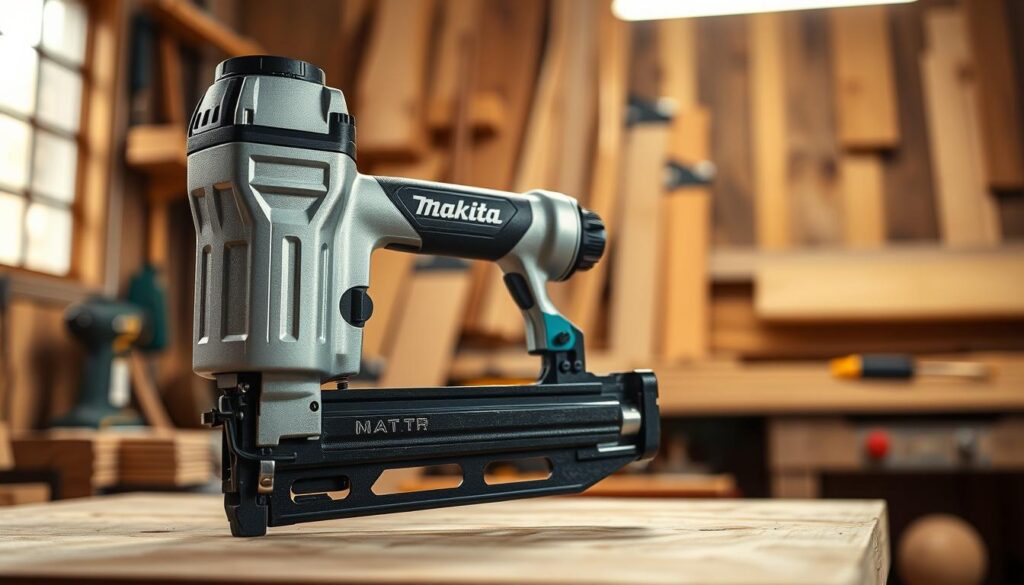 A well-lit, detailed close-up shot of a Makita finish nailer in a wood shop setting. The nailer is prominently featured in the foreground, its sleek metallic body and ergonomic grip showcasing its precision engineering. The middle ground reveals a variety of woodworking tools and materials, hinting at the diverse trim projects this nailer can handle. The background is softly blurred, creating a sense of focus on the star of the image - the Makita finish nailer. The lighting is warm and natural, casting subtle shadows that accentuate the nailer's contours and texture. The overall mood is one of craftsmanship, expertise, and the pride of using high-quality tools to create beautiful trim work.