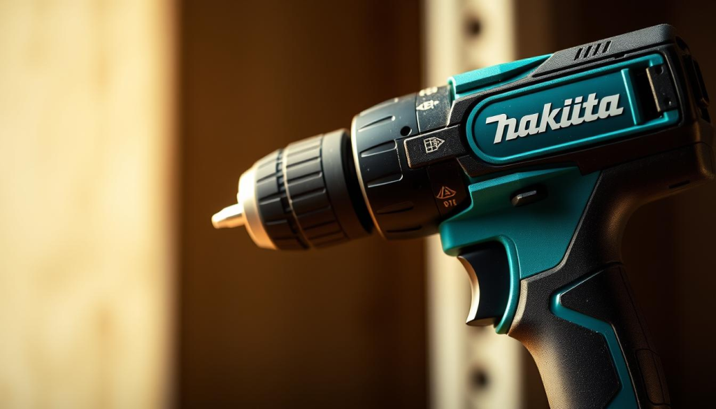 A well-lit, detailed close-up shot of a Makita right angle drill with an emphasis on its safety features. The drill is positioned prominently in the foreground, displaying its ergonomic grip, safety trigger, and other safety mechanisms in sharp focus. The middle ground showcases the drill's compact and maneuverable design, highlighting its ability to access tight spaces. The background has a clean, uncluttered setting, allowing the drill's safety-focused engineering to be the central focus. Warm, directional lighting casts subtle shadows, accentuating the drill's form and highlighting its sturdy, high-quality construction. The overall mood is one of professional, well-engineered safety and precision.