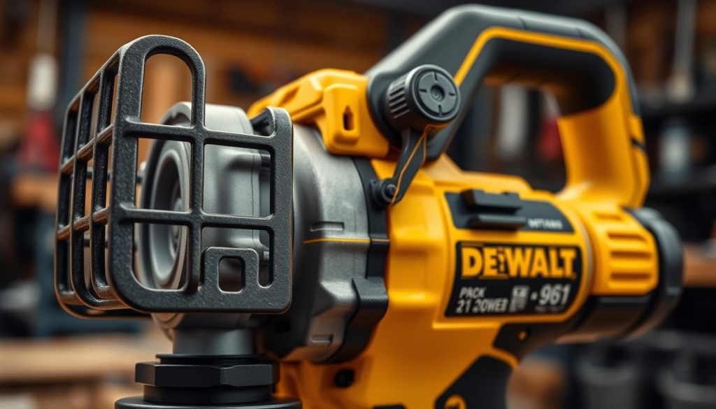 A well-lit, detailed close-up shot of the safety features on a DEWALT 961 power tool, captured in a realistic, technical style. The foreground showcases the tool's sturdy construction, with a focus on the guard, trigger, and other ergonomic safety elements. The middle ground reveals the power switch, battery compartment, and other functional components. The background provides a sense of depth, perhaps with a blurred industrial workshop setting. Crisp, high-resolution imaging to highlight the precision engineering and attention to user safety that defines the DEWALT 961.
