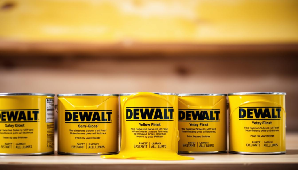 A well-lit, detailed close-up shot of various DEWALT yellow paint finishes, including satin, semi-gloss, and glossy textures. The paints are neatly arranged in the foreground, with subtle shadows and highlights accentuating their vibrant hues. The middle ground features a soft, out-of-focus backdrop, creating a sense of depth and focus on the paint samples. The lighting is natural and warm, evoking a professional, yet inviting atmosphere suitable for an article on understanding paint finishes. The overall composition is clean, balanced, and showcases the unique characteristics of each DEWALT yellow paint finish.
