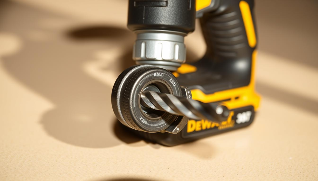 A well-lit, detailed close-up view of a DeWalt cordless drill with the chuck opened, exposing the drill bit shaft. The drill is positioned on a clean, neutral-colored surface, with the bit removal mechanism prominently displayed. Crisp focus on the chuck and bit shaft, with a shallow depth of field blurring the background. Warm, natural lighting casts subtle shadows, accentuating the metallic textures and knurled grip of the drill. The composition emphasizes the step-by-step process of bit removal, guiding the viewer's attention to the key components involved.