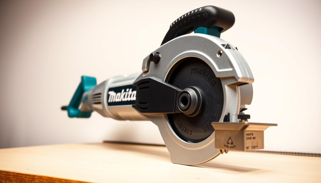 A well-lit, detailed close-up view of a Makita Sawzall reciprocating saw, positioned on a clean workbench against a neutral background. The saw's exterior is meticulously maintained, with a gleaming chrome and black finish. The focus is on the saw's key components, such as the blade guide, the adjustable shoe, and the variable speed trigger, showcasing their intricate design and functionality. The lighting is soft and even, emphasizing the tool's precision engineering. The overall mood is one of professionalism and attention to detail, reflecting the importance of proper Sawzall maintenance for optimal performance and safety.