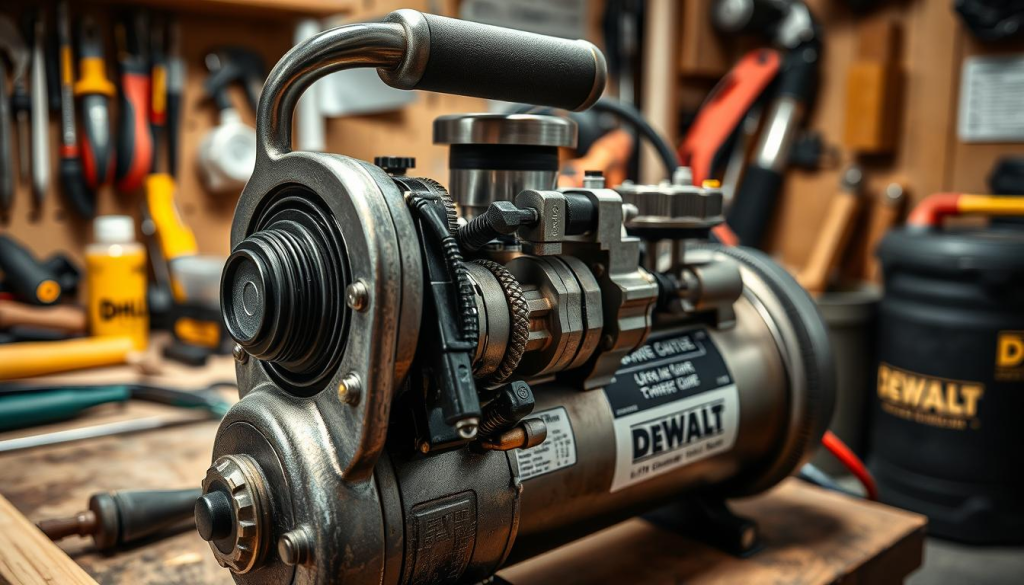 A well-lit, detailed close-up view of a homemade air compressor, showcasing its internal components and mechanisms. The compressor is situated on a workbench, with various tools and workshop items visible in the background, conveying a sense of a functional DIY workspace. The image should have a crisp, technical aesthetic, with a focus on the compressor's intricate design and engineering. Soft, directional lighting highlights the device's metallic surfaces and emphasizes its robust, utilitarian nature, perfectly suited for the DEWALT Ultra Quiet Air Compressor's practical applications.