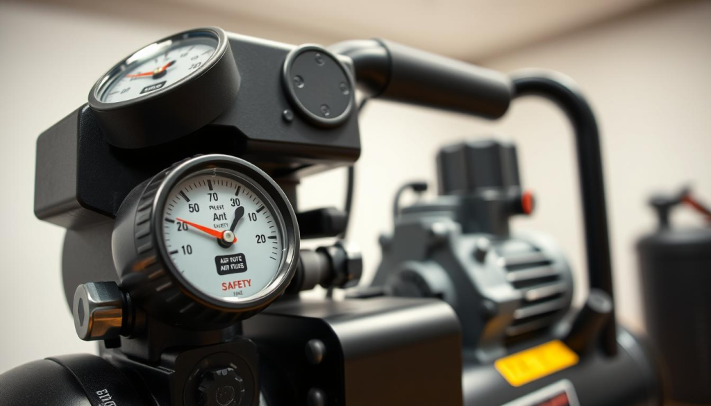A well-lit, detailed close-up view of a silent air compressor, showcasing its safety features. The foreground highlights the compressor's sleek, modern design with a focus on the pressure gauge, safety valve, and automatic shut-off switch. The middle ground reveals the internal components, such as the air filter and the low-noise motor, conveying the compressor's advanced engineering. The background features a clean, minimalist environment, emphasizing the compressor's quiet and efficient operation. Captured with a wide-angle lens and soft, directional lighting to accentuate the compressor's form and functional details, creating a sense of precision and reliability.