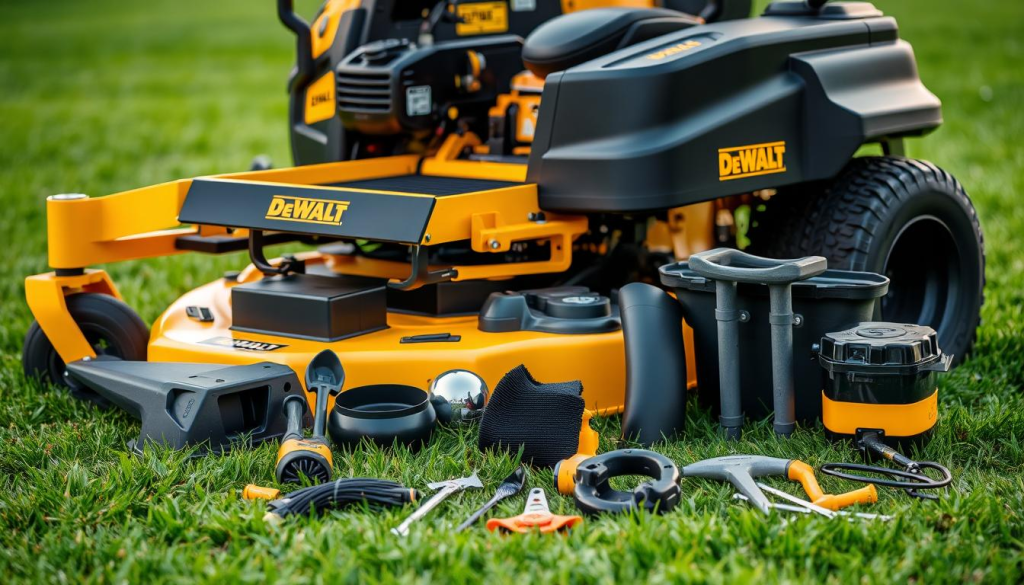 A well-lit, detailed closeup shot of a Dewalt zero turn lawn mower with various accessories arranged around it. In the foreground, the mower's powerful engine and sleek design take center stage, with its signature yellow and black color scheme gleaming under the soft lighting. The middle ground showcases a range of compatible accessories, such as a mulching kit, a bagging system, and a collection of maintenance tools, all neatly displayed to showcase their quality and functionality. The background features a lush, verdant lawn, setting the scene for the mower's intended use and highlighting the accessories' role in enhancing the mowing experience. The overall mood is one of sophistication, practicality, and a desire to elevate the lawn care process.