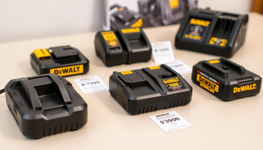 A well-lit, detailed comparison of DEWALT battery charger models displayed on a clean, neutral-toned surface. The chargers are arranged in the foreground, showcasing their distinctive designs and features. The middle ground contains informative price tags, clearly indicating the cost differences between the models. The background features a subtle, out-of-focus representation of the article's subject, hinting at the broader context. The overall composition is balanced, with a focus on the chargers' technical specifications and pricing details, creating a visually appealing and informative scene.