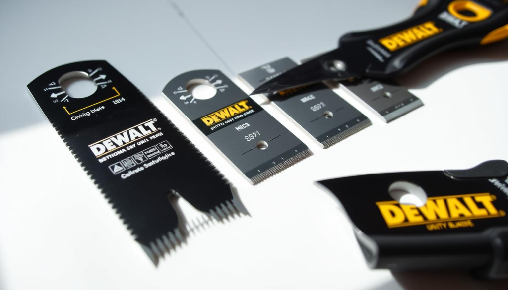 A well-lit, detailed comparison of DEWALT utility knife blades against other popular brands. The foreground showcases the distinct designs and sizes of DEWALT blades, their sharp edges and durable construction. The middle ground presents a side-by-side layout of the blades, allowing viewers to examine their features. The background depicts a clean, minimalist workspace with a subtle grid pattern, emphasizing the technical precision. The lighting is natural yet carefully directed, casting subtle shadows that accentuate the blades' contours. The overall mood is professional, informative, and showcases the quality and reliability of DEWALT's cutting tools.