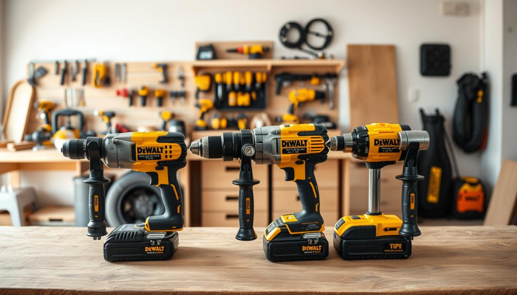 A well-lit, detailed comparison of DeWalt hammer drills in a workshop setting. In the foreground, three different models of DeWalt hammer drills are displayed side-by-side on a wooden workbench, their distinctive designs and features clearly visible. The middle ground shows various power tools and accessories arranged neatly, hinting at the versatility of the DeWalt brand. The background features a clean, minimalist workshop interior with neutral tones, allowing the hammer drills to be the focal point. The lighting is soft and natural, casting subtle shadows that accentuate the textures and contours of the tools. The overall atmosphere conveys a sense of professionalism and functionality, suitable for illustrating a section on the types of DeWalt hammer drills.