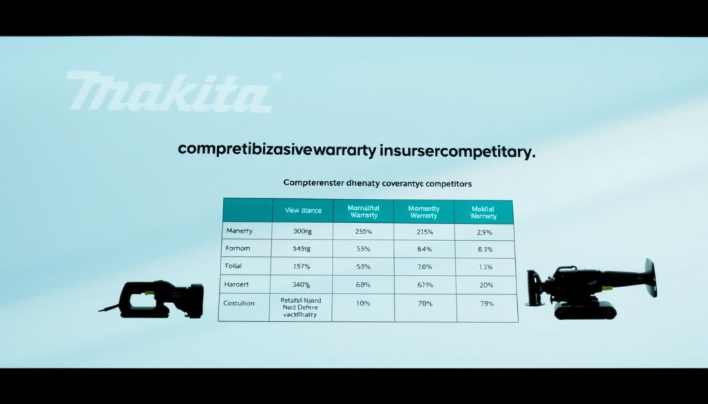A well-lit, detailed comparison of Makita's comprehensive warranty coverage against their competitors, showcased in a professional, technical diagram. Crisp, clean lines and minimal, elegant layout. The foreground depicts the Makita logo and product silhouettes, with the middle ground highlighting the warranty details in an easy-to-understand table format. The background features a soft, gradient texture that evokes a sense of quality and reliability. Carefully balanced lighting casts subtle shadows, emphasizing the dimensional aspects. A camera angle that is slightly elevated, providing an authoritative, informative perspective.