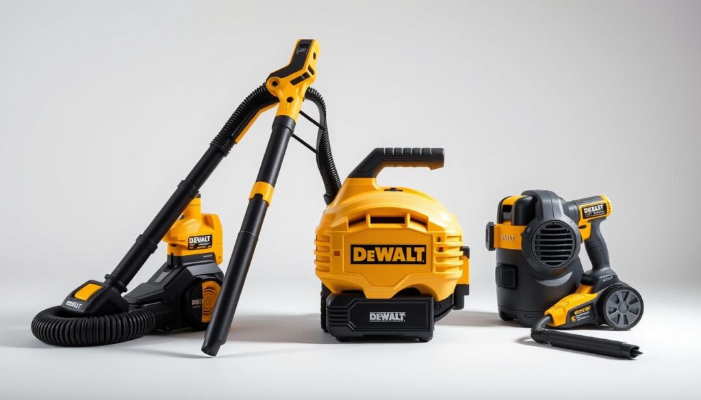 A well-lit, detailed comparison of a DEWALT battery-powered yard vacuum against two competing models, showcased on a clean, modern studio backdrop. The DEWALT vacuum is prominently displayed in the foreground, its sleek design and powerful features highlighted by soft, directional lighting. The competing models are positioned alongside, allowing for a side-by-side visual analysis. The image captures the vacuum's robust construction, ergonomic handle, and efficient airflow, conveying its superiority in effortless yard cleanup. The overall composition emphasizes the DEWALT vacuum's technological advancements and professional-grade performance.