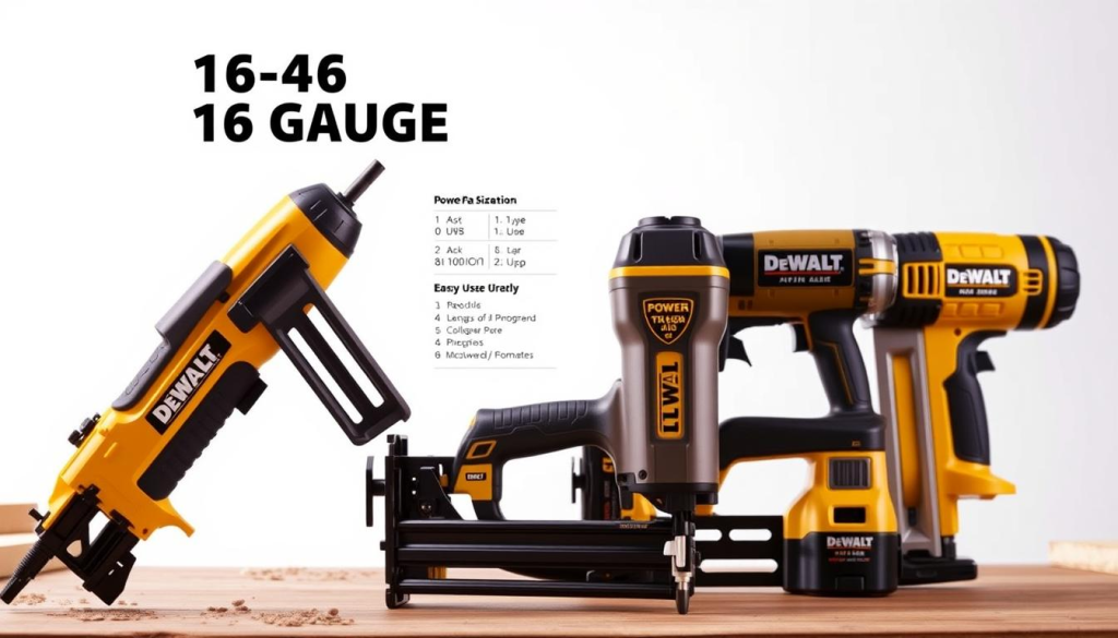 A well-lit, detailed comparison of four top-rated 16 gauge nail guns, showcased against a clean, white backdrop. In the foreground, the DeWalt nail gun prominently displayed, its sleek body and ergonomic grip highlighted. Surrounding it, the other leading models neatly arranged, allowing for side-by-side evaluation of features like power, accuracy, and ease of use. The middle ground captures the technical specifications of each tool, while the background subtly suggests a workshop setting, with hints of wood and metal surfaces. The overall composition conveys a sense of professionalism and authority, inviting the viewer to assess the performance and capabilities of these high-quality nail guns.