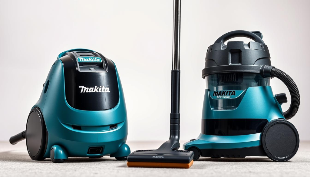 A well-lit, detailed comparison of two Makita vacuum cleaners, showcased side-by-side on a clean, neutral background. The vacuums are presented from a slightly elevated, angled perspective, highlighting their sleek, modern designs and key features. The lighting is soft and diffused, emphasizing the textures and materials used. The foreground is sharply focused, while the background gently blurs, keeping the attention on the vacuums. The mood is professional, informative, and visually appealing, conveying the power and capabilities of Makita's cleaning solutions compared to other leading brands.