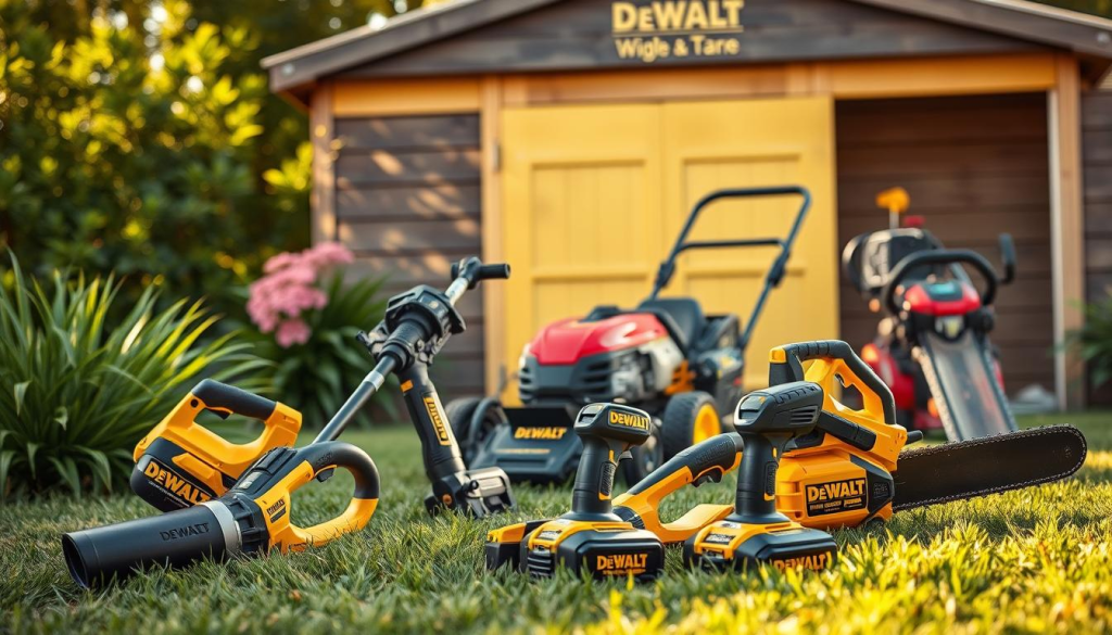 A well-lit, detailed composition showcasing an array of DEWALT landscaping tools in a natural outdoor setting. In the foreground, a corded electric leaf blower, a cordless string trimmer, and a cordless hedge trimmer are prominently displayed, their sleek black and yellow designs contrasting against the lush greenery. In the middle ground, a cordless lawn mower and a cordless chainsaw stand ready, their powerful engines and sturdy builds hinting at their capabilities. In the background, a shed or garage serves as a backdrop, suggesting a functional workspace for storing and maintaining these high-performance tools. The scene is bathed in warm, golden sunlight, creating a sense of productivity and efficiency.