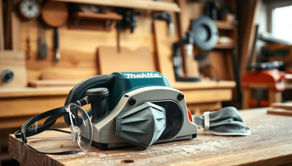 A well-lit, detailed image of a Makita electric planer on a woodworking workbench, with safety gear like goggles and a face mask prominently displayed in the foreground. The planer should be depicted in use, with wood shavings and dust visible, showcasing the tool's power and precision. The background should feature a clean, organized workshop setting with various woodworking tools and materials, conveying a sense of safety and professionalism. The overall mood should be one of focus and attention to detail, highlighting the importance of safety when operating a powerful electric power tool.