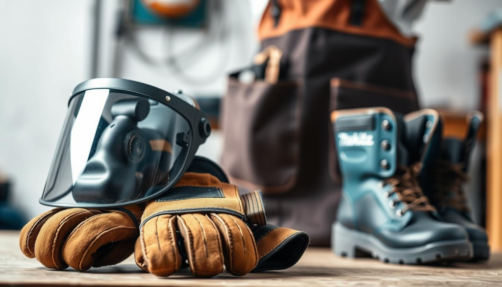A well-lit, detailed image of a full set of personal protective equipment (PPE) for using an angle grinder, including a sturdy face shield, thick leather gloves, a heavy-duty apron, and a pair of safety boots. The equipment is positioned in the foreground, with a blurred Makita angle grinder visible in the background, suggesting the context of workshop safety. The lighting is bright and even, creating a clean, professional atmosphere, and the camera angle is slightly elevated to showcase the equipment prominently. The image conveys a sense of responsible, safety-conscious DIY work.