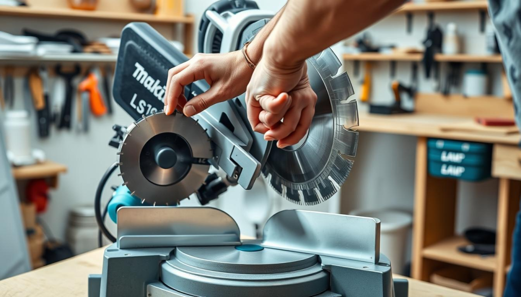 A well-lit, detailed image of a person carefully maintaining a Makita LS1019L miter saw. The foreground shows the person's hands meticulously cleaning and inspecting the saw's blades, adjusting the fences, and lubricating the moving parts. The middle ground features the miter saw itself, its sleek silver body and sturdy base prominently displayed. The background depicts a tidy, organized workshop with shelves of tools and a workbench, conveying a sense of care and attention to detail. The lighting is soft and diffused, highlighting the intricate components of the saw. The overall mood is one of diligence and commitment to preserving the reliable performance of this essential DIY power tool.
