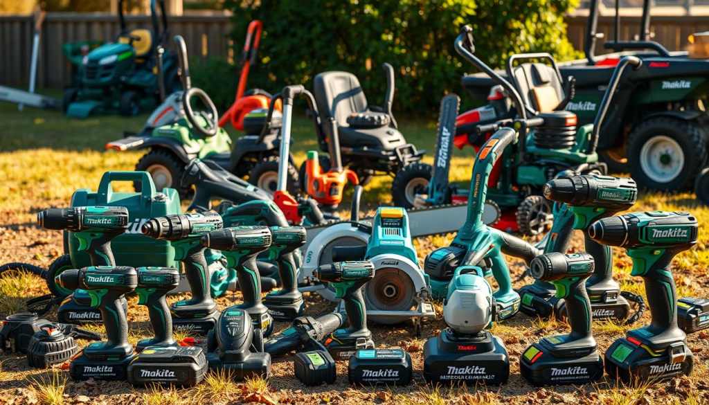 A well-lit, detailed outdoor scene showcasing a variety of Makita power tools and equipment. In the foreground, an assortment of Makita cordless drills, impact drivers, and circular saws are prominently displayed, their sleek designs and vibrant green accents capturing the eye. In the middle ground, a Makita chainsaw and a selection of lawn and garden tools, such as a hedge trimmer and a leaf blower, are arranged neatly. In the background, a Makita lawnmower and a Makita power wheelbarrow are visible, suggesting the breadth of the brand's product range. The scene is bathed in warm, natural lighting, giving the image a sense of ruggedness and durability that aligns with the Makita brand identity. The overall composition emphasizes the versatility and reliability of Makita's outdoor power equipment.