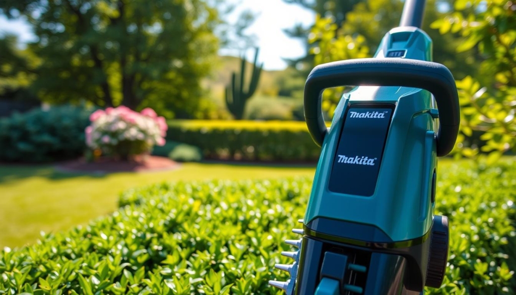 A well-lit, detailed photograph of a Makita hedge trimmer in a lush, green garden setting. The trimmer is prominently positioned in the foreground, showcasing its sleek, modern design and powerful blade mechanism. The middle ground features a neatly trimmed hedge, highlighting the tool's precision and efficiency. In the background, a peaceful, sun-dappled landscape with vibrant foliage sets the mood for a serene, high-quality gardening experience. The image conveys the trimmer's robust construction, ergonomic handling, and ability to effortlessly maintain a well-manicured yard.