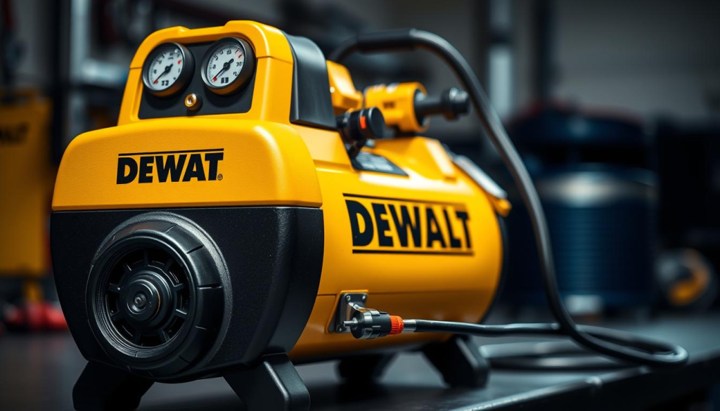 A well-lit, detailed product shot of a DEWALT air compressor showcasing its key features. The compressor is positioned in the foreground, with a crisp focus and even lighting highlighting its sleek, industrial design. The background is slightly blurred, creating depth and drawing the viewer's attention to the compressor. The image captures the rugged durability and powerful performance that are the hallmarks of DEWALT air compressors, conveying a sense of quality and reliability. Technical details like the air pressure gauge, control panel, and air hose connections are clearly visible, giving the viewer a comprehensive understanding of the product's functionality.