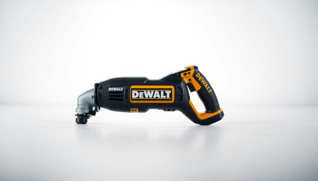 A well-lit, detailed product shot of the DEWALT ULTRACON power tool. The tool should be positioned in the center of the frame, resting on a clean, neutral-colored surface. The lighting should be bright and directional, highlighting the tool's sleek design and high-quality construction. The background should be slightly blurred, with a subtle gradient or texture to provide visual interest without distracting from the main subject. Incorporate a few subtle product packaging elements, such as a small DEWALT logo or product name, to contextualize the image and reinforce the brand. The overall composition should be balanced, professional, and showcase the DEWALT ULTRACON's premium appearance and features.