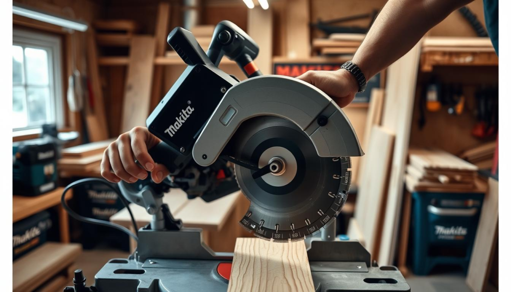 A well-lit, detailed scene of a person safely operating a Makita miter saw in a woodworking workshop. The foreground shows a pair of sturdy hands firmly grasping the saw handle, the blade engaged and cutting precisely through a wooden plank. In the middle ground, the saw's powerful motor and safety features are clearly visible, with the user wearing appropriate personal protective equipment like safety glasses and gloves. The background depicts a tidy, organized workspace filled with Makita power tools, lumber, and woodworking accessories, creating a sense of a professional, well-equipped environment.