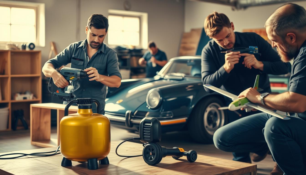 A well-lit, detailed scene showcasing the diverse applications of a cordless air compressor. In the foreground, a tradesman uses the compact device to power a nail gun, constructing a wooden shelving unit. In the middle ground, a mechanic utilizes the compressor to inflate tires on a vintage sports car. In the background, a hobbyist airbrushes a detailed model airplane, leveraging the cordless air compressor's precision control. The scene is bathed in warm, directional lighting, capturing the versatility and convenience of this cordless power tool across various DIY, automotive, and craft-focused tasks.